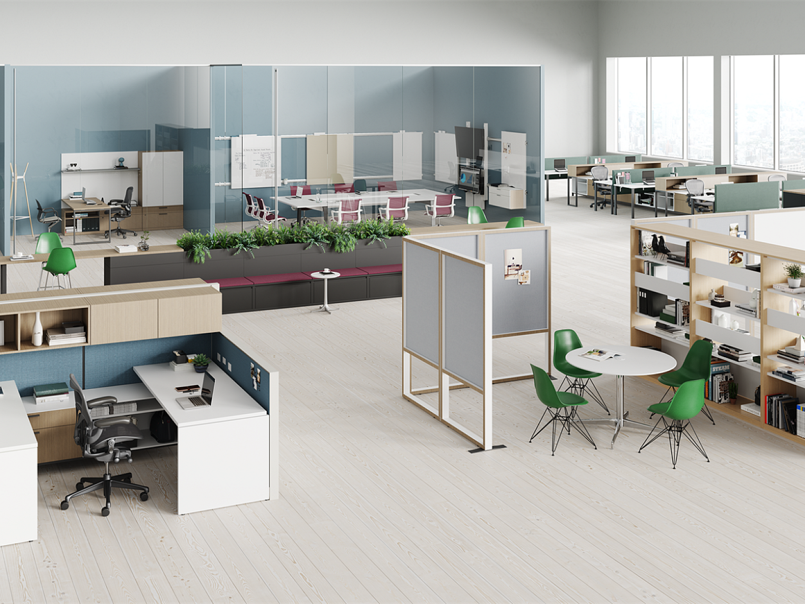 Bright open-floorplan office space with a variety of workspaces: low-wall desks, small meeting spaces with tables & whiteboard, lounge areas Window 2 rite.