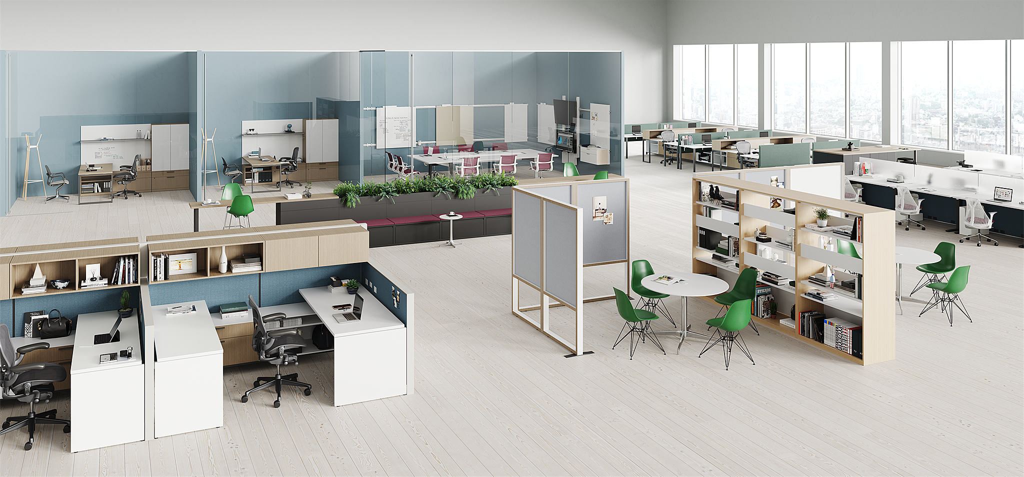 Bright open-floorplan office space with a variety of workspaces: low-wall desks, small meeting spaces with tables & whiteboard, lounge areas Window 2 rite.
