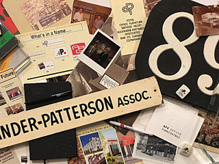 Flat-lay collage of APG memorabilia from the archive: historic photos, promotional materials, brochures, awards, signage.
