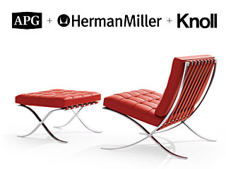 Knoll Barcelona chair & ottoman in red leather and with chrome legs. White background with APG, Herman Miller, & Knoll logos along the top.