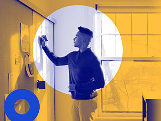 photo collage of blue and yellow circles imposed over photo of person writing on a whiteboard