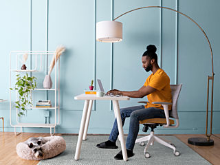 Person sits at an open desk in a home environment. Pale blue wall, plant,s and arched lamp in the background. Small dog sleeps on the floor.
